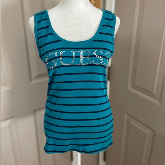 Guess Tops - Guess dark teal & black striped tank top with rhinestone logo. Size XL.
